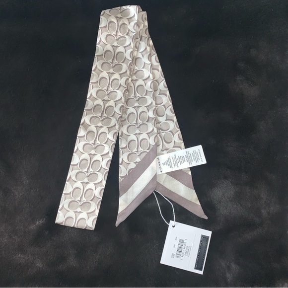 NEW! COACH Signature “C” Silk Twilly Skinny Scarf, Bone/Ivory, Brand New in Bag! - Picture 4 of 16